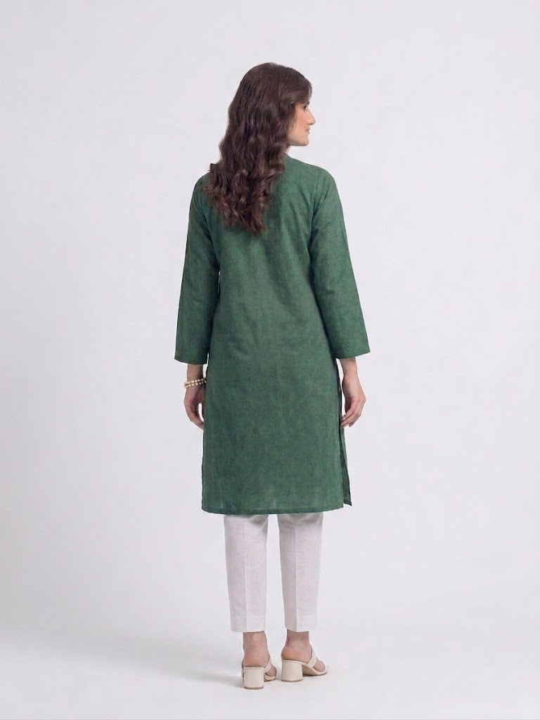 Women's dark Green Embroidered Kurti β Premium Cotton
