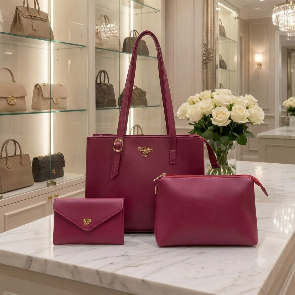 Elegance Personified: 3-Piece Premium Magenta Handbag Set