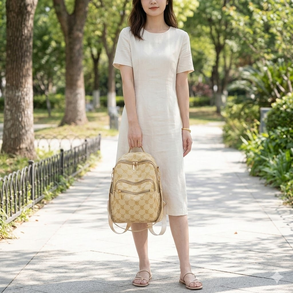 Chic Beige Jacquard Travel Backpack | Trendy Convertible Handbag