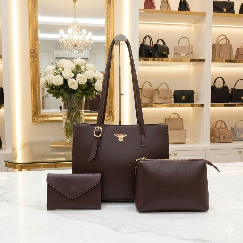 Elegance Personified: 3-Piece Premium Dark Brown Handbag Set