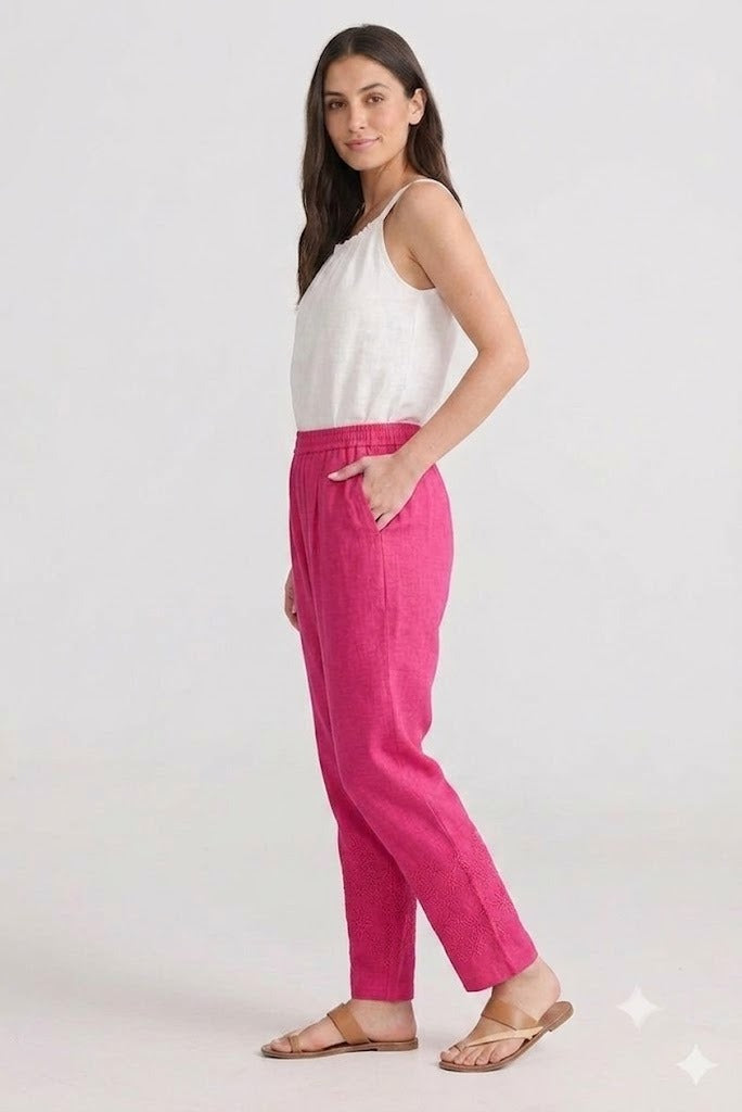 Shocking Pink Tapered Trouser with Embroidered Hem