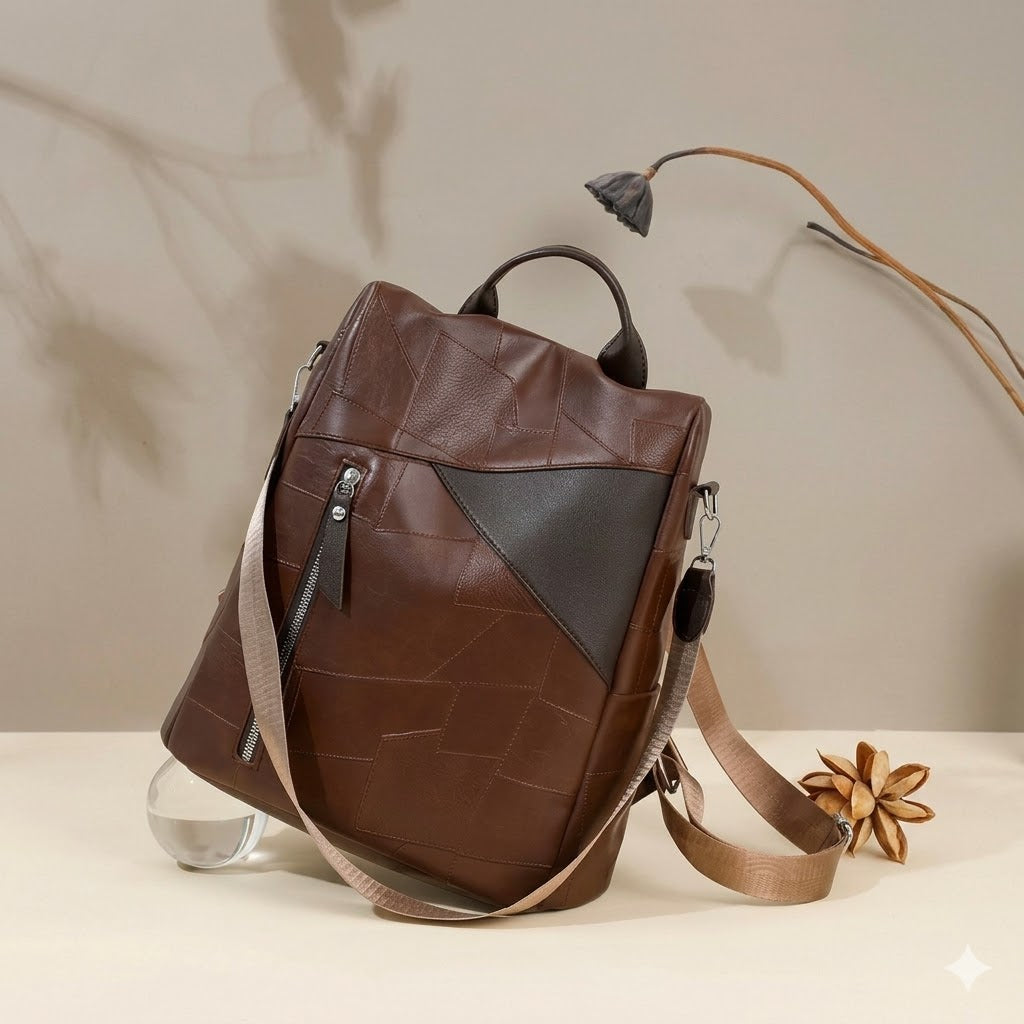 Vintage Brown Patchwork Leather Backpack & Shoulder Bag for Women