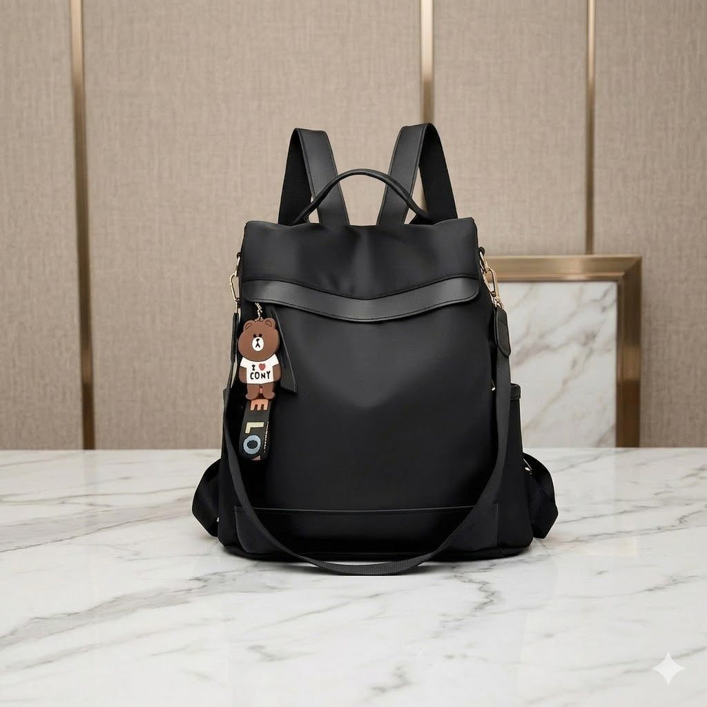 Midnight Black Multi-Way Daypack with Teddy Charm