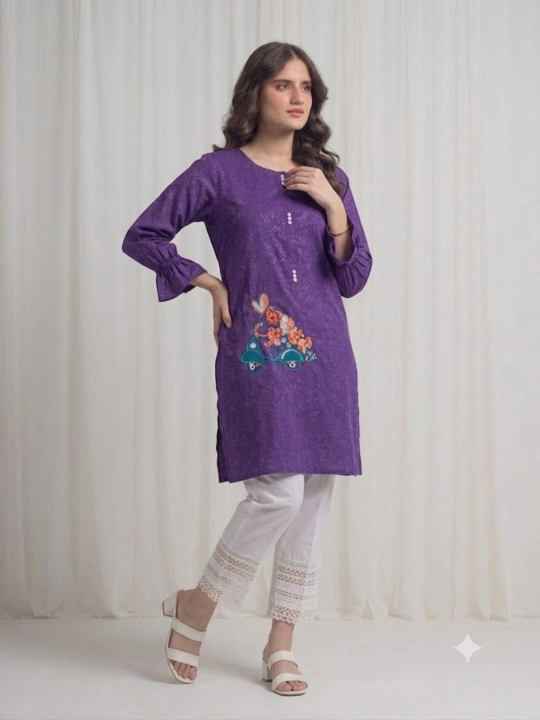 Women's  Deep Purple   Embroidered Kurti – Premium Cotton