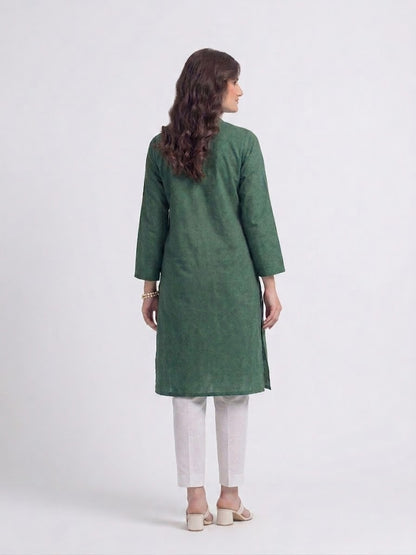 Women's  dark Green  Embroidered Kurti – Premium Cotton