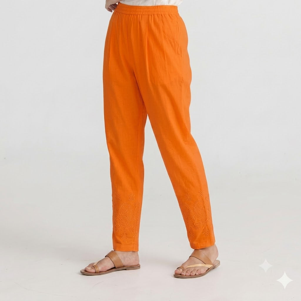 Tangerine Orange Tapered Trouser with Embroidered Hem