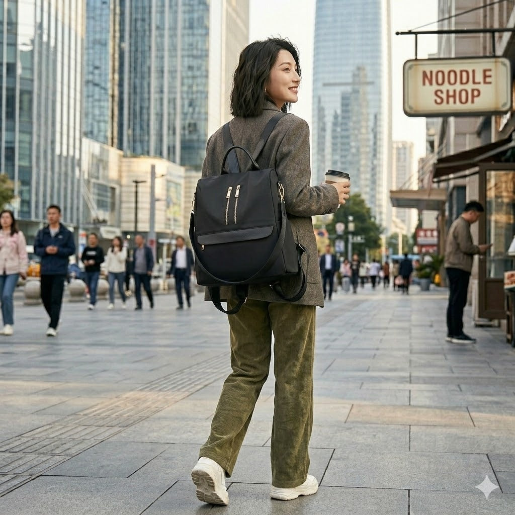 Elegant Black 2-Way Women's Backpack & Shoulder Bag