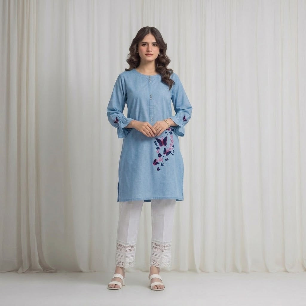 Women's Light Blue Embroidered Kurti – Premium Cotton