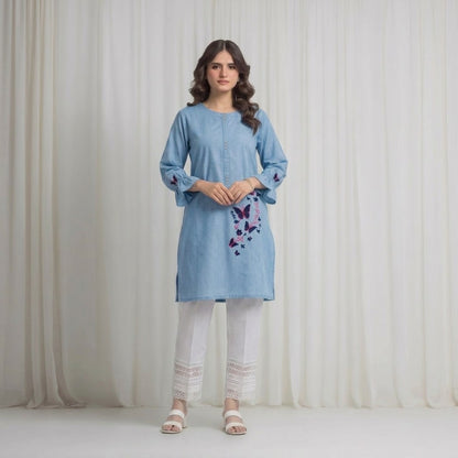 Women's Light Blue Embroidered Kurti – Premium Cotton