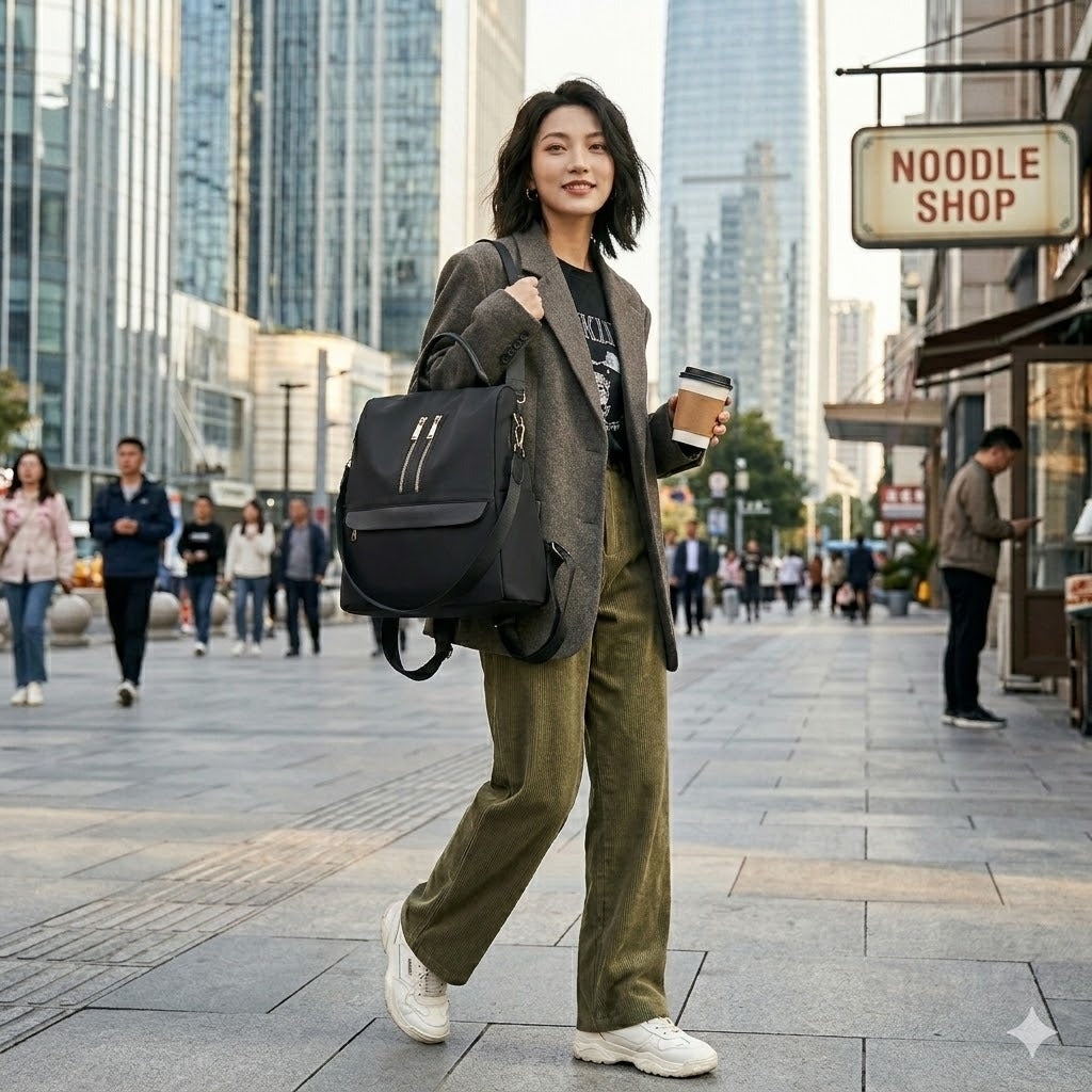 Elegant Black 2-Way Women's Backpack & Shoulder Bag