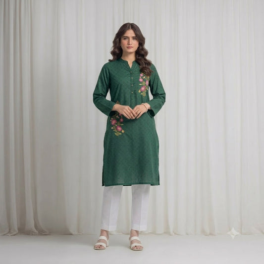 Women's  dark Green  Embroidered Kurti – Premium Cotton