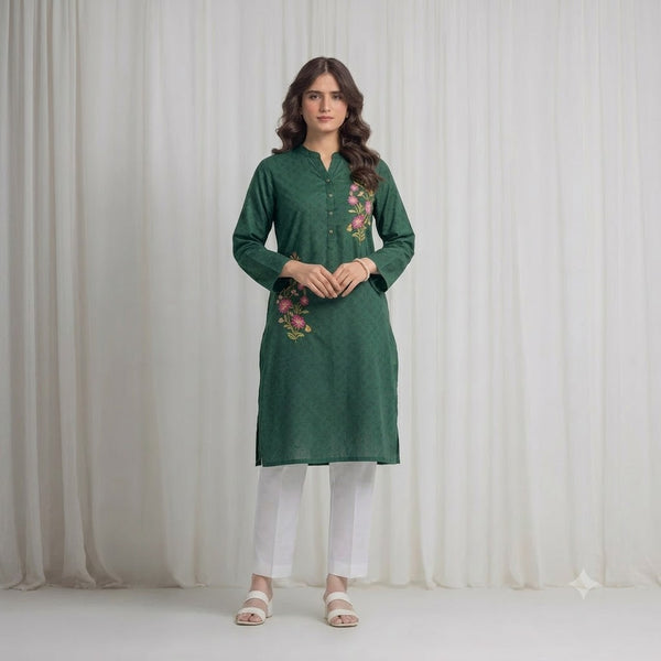 Women's  dark Green  Embroidered Kurti – Premium Cotton
