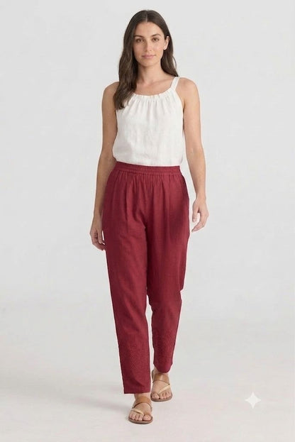 Crimson Red  Tapered Trouser with Embroidered Hem