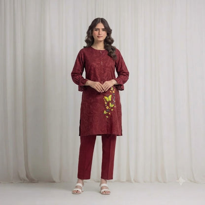 Women's  Maroon Embroidered Kurti – Premium Cotton