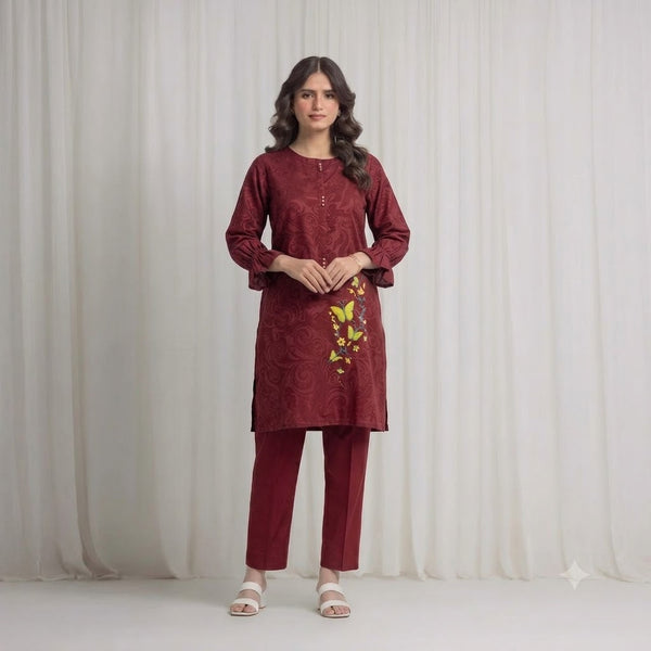 Women's  Maroon Embroidered Kurti – Premium Cotton