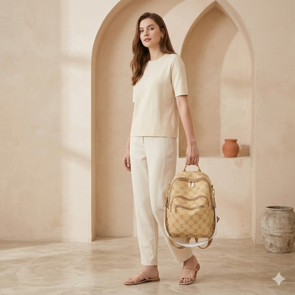 Chic Beige Jacquard Travel Backpack | Trendy Convertible Handbag