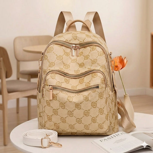 Chic Beige Jacquard Travel Backpack | Trendy Convertible Handbag