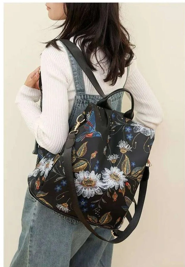 Midnight Daisy Multi-Way Backpack with Bird Print