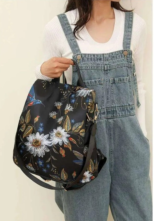 Midnight Daisy Multi-Way Backpack with Bird Print