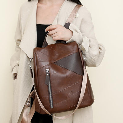 Vintage Brown Patchwork Leather Backpack & Shoulder Bag for Women