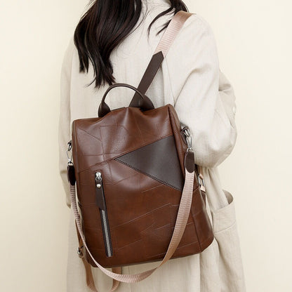 Vintage Brown Patchwork Leather Backpack & Shoulder Bag for Women