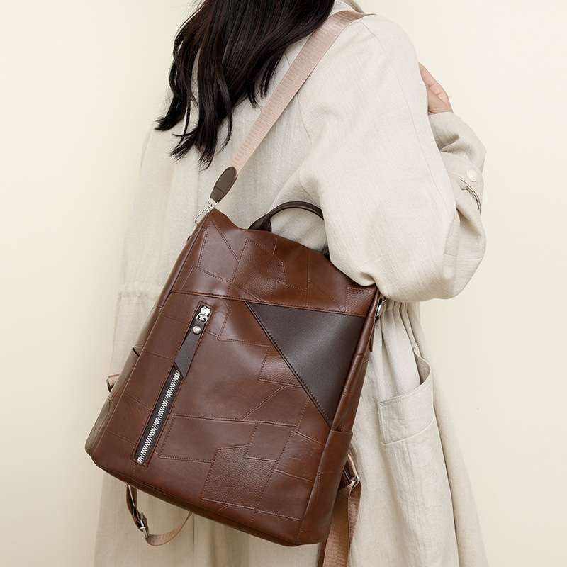 Vintage Brown Patchwork Leather Backpack & Shoulder Bag for Women