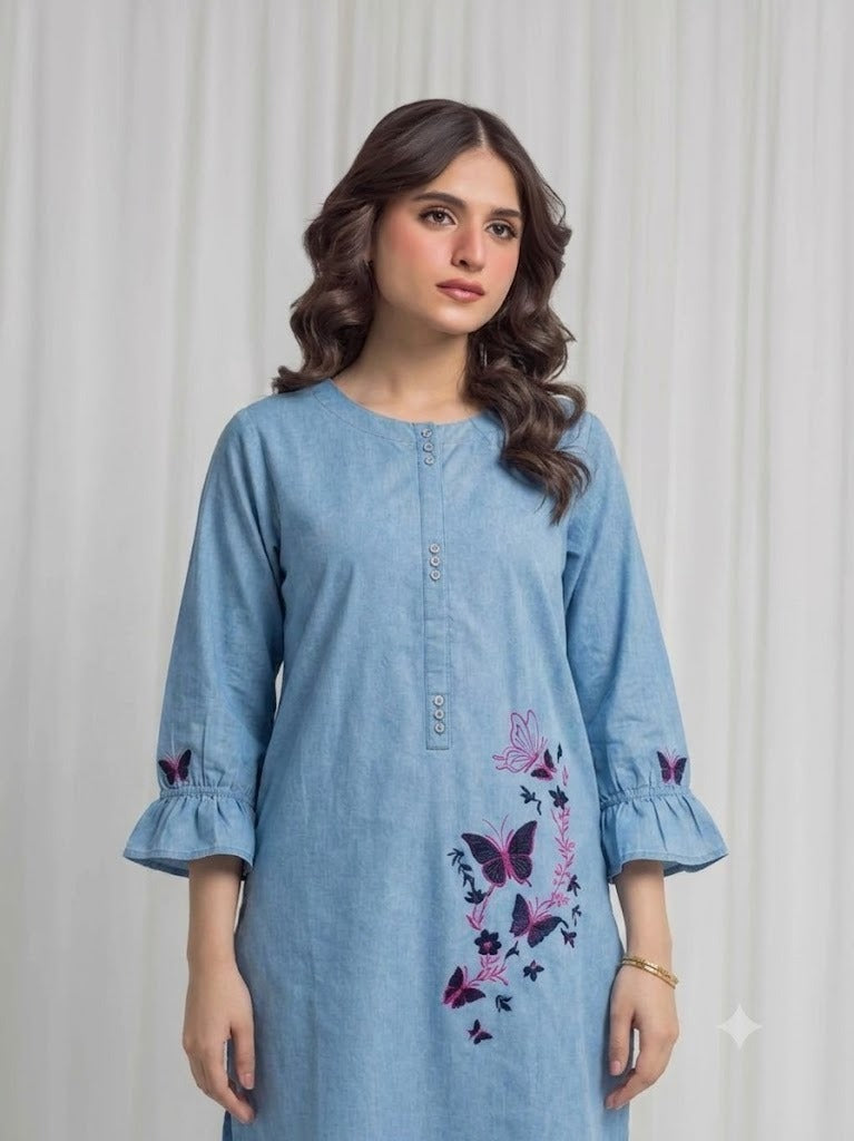 Women's Light Blue Embroidered Kurti – Premium Cotton