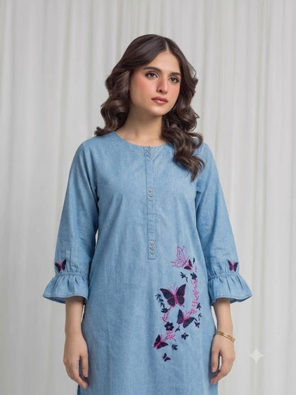 Women's Light Blue Embroidered Kurti – Premium Cotton