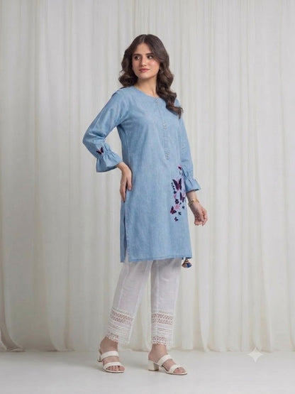 Women's Light Blue Embroidered Kurti – Premium Cotton