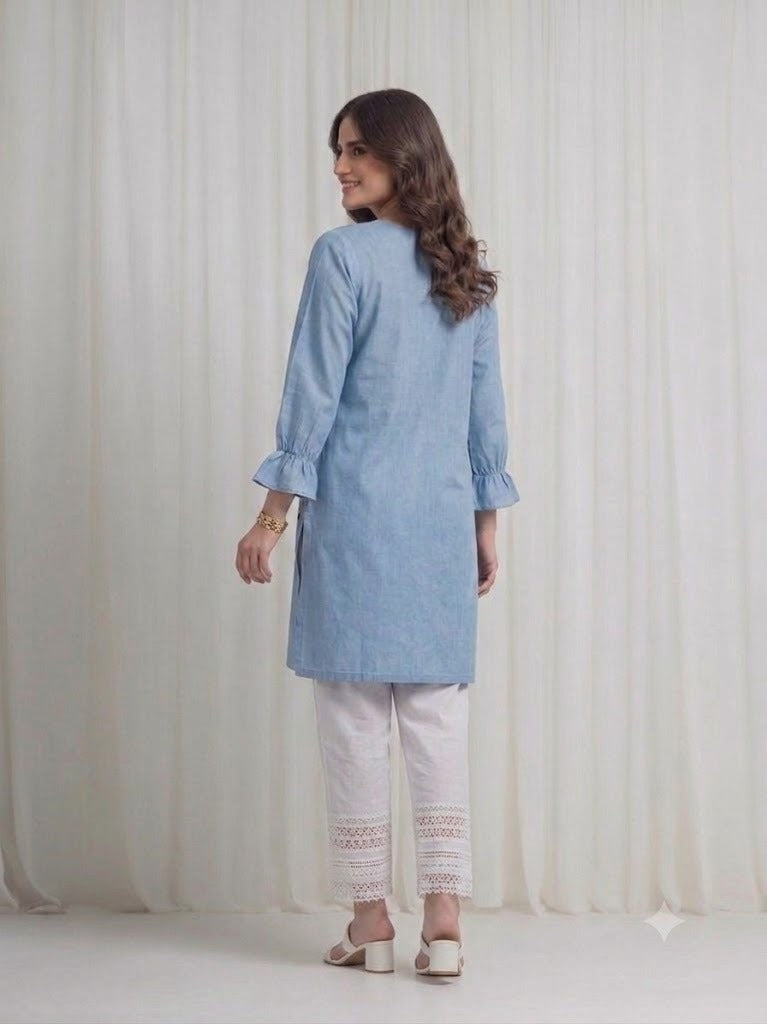 Women's Light Blue Embroidered Kurti – Premium Cotton