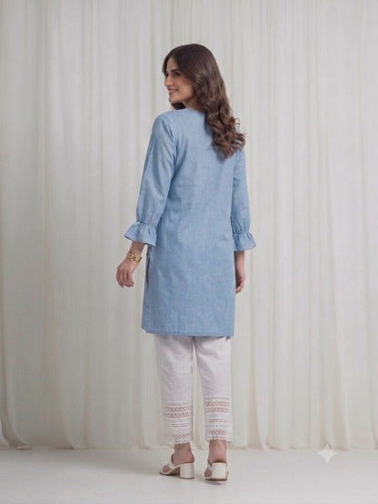 Women's Light Blue Embroidered Kurti – Premium Cotton