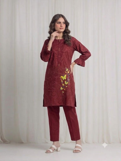 Women's  Maroon Embroidered Kurti – Premium Cotton
