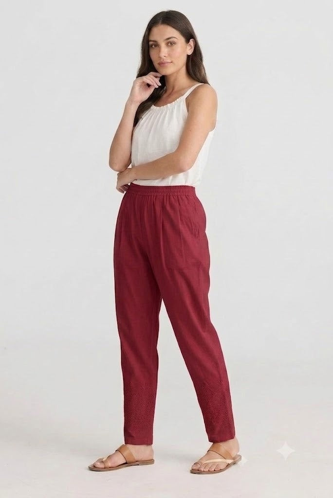 Crimson Red  Tapered Trouser with Embroidered Hem