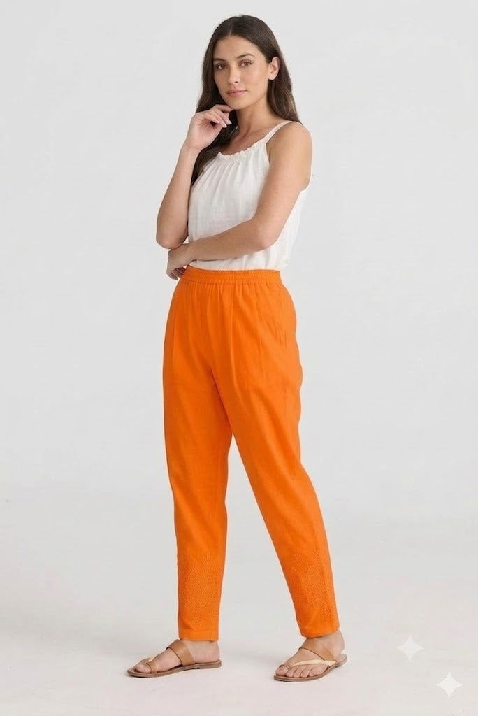 Tangerine Orange Tapered Trouser with Embroidered Hem