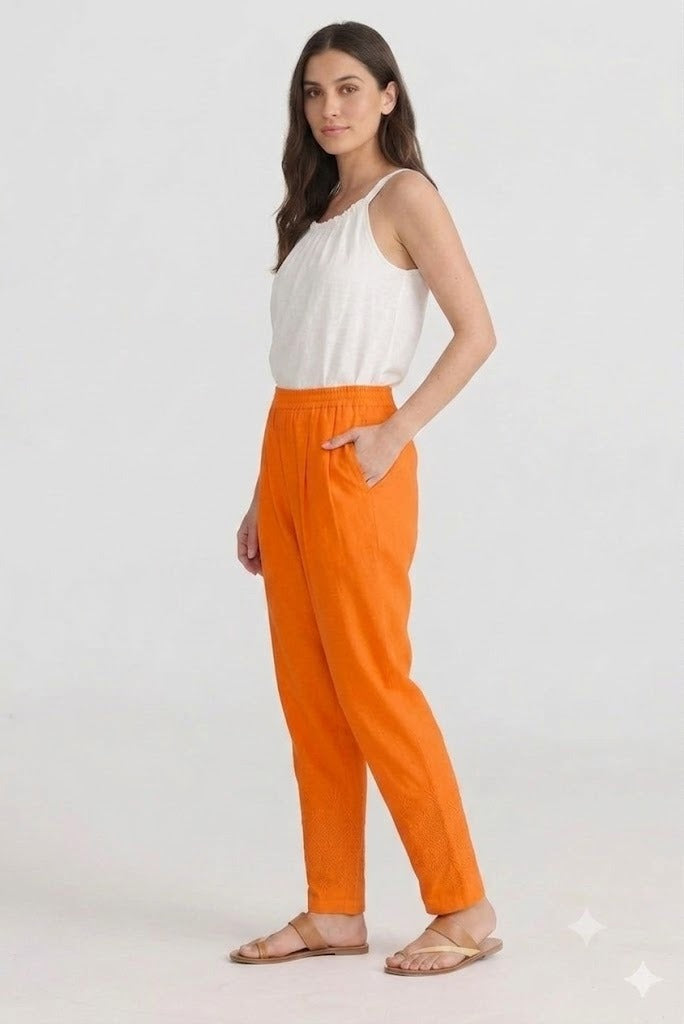Tangerine Orange Tapered Trouser with Embroidered Hem