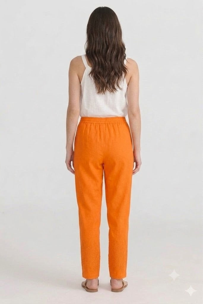 Tangerine Orange Tapered Trouser with Embroidered Hem
