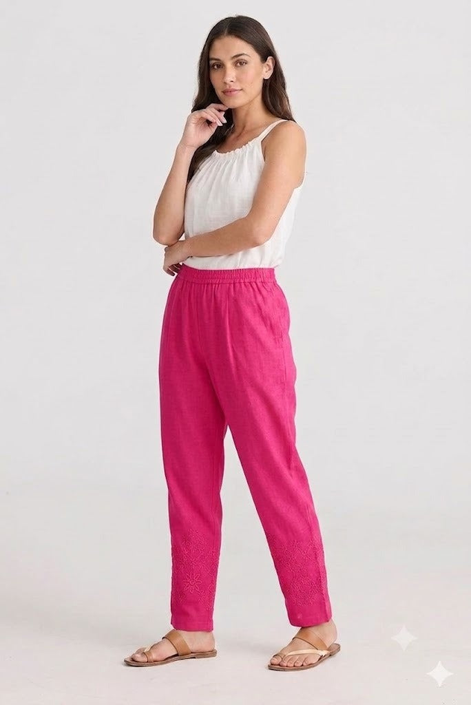 Shocking Pink Tapered Trouser with Embroidered Hem