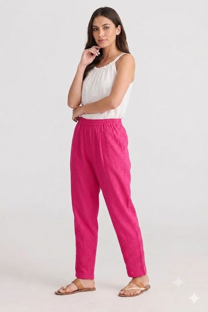 Shocking Pink Tapered Trouser with Embroidered Hem