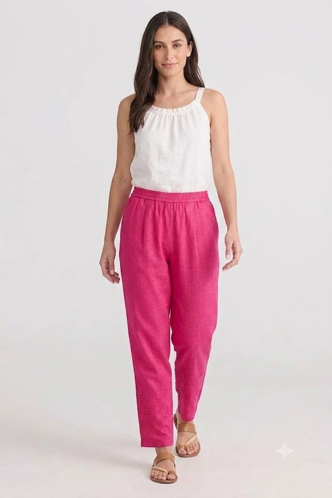 Shocking Pink Tapered Trouser with Embroidered Hem