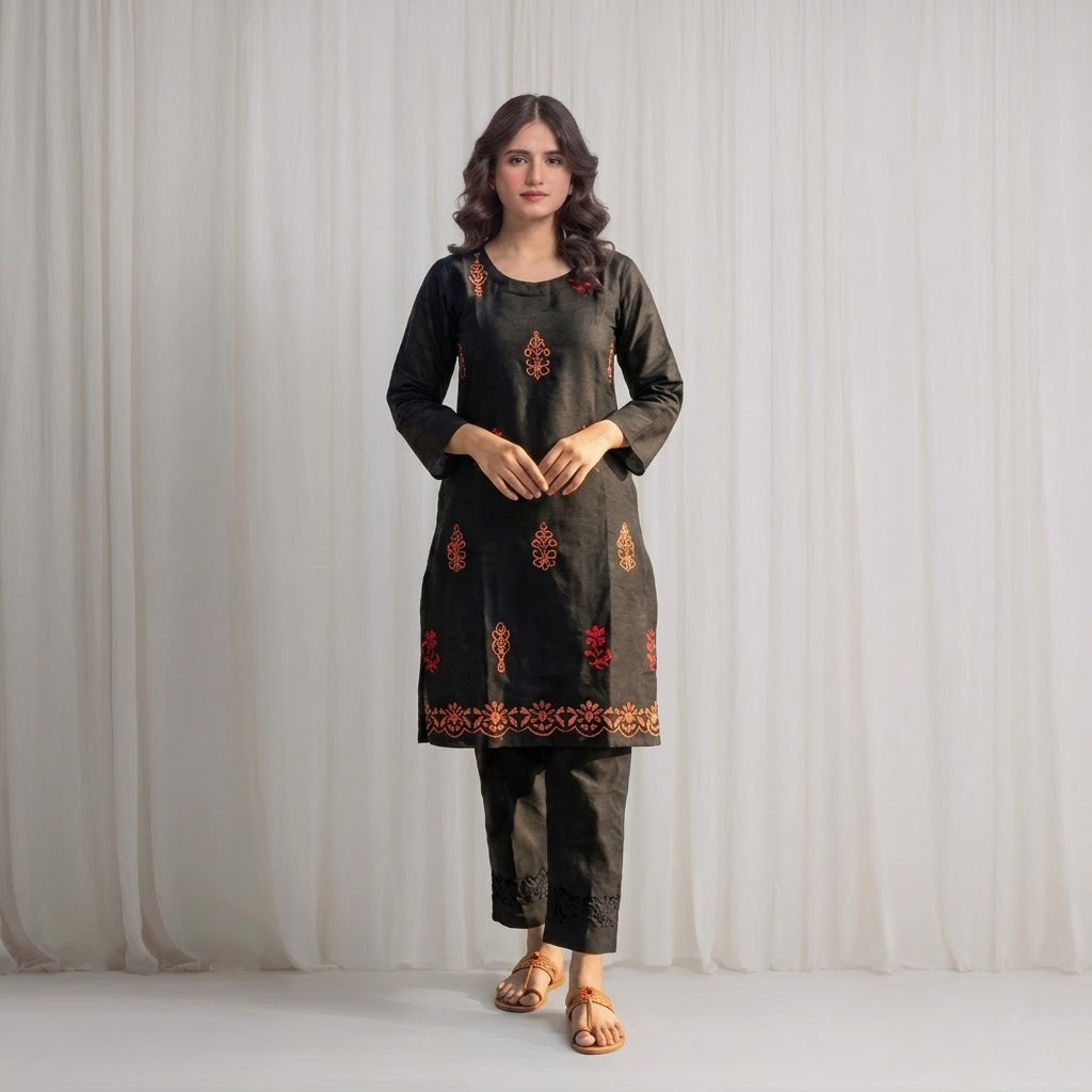 Women's black Embroidered Kurti –  Long Premium Cotton