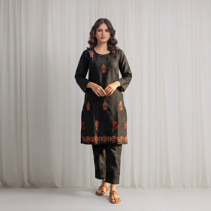 Women's black Embroidered Kurti –  Long Premium Cotton
