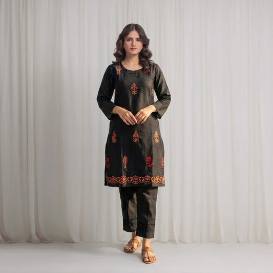 Women's black Embroidered Kurti –  Long Premium Cotton