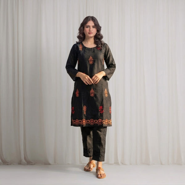 Women's black Embroidered Kurti –  Long Premium Cotton