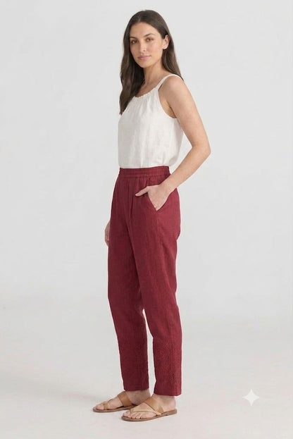 Crimson Red  Tapered Trouser with Embroidered Hem