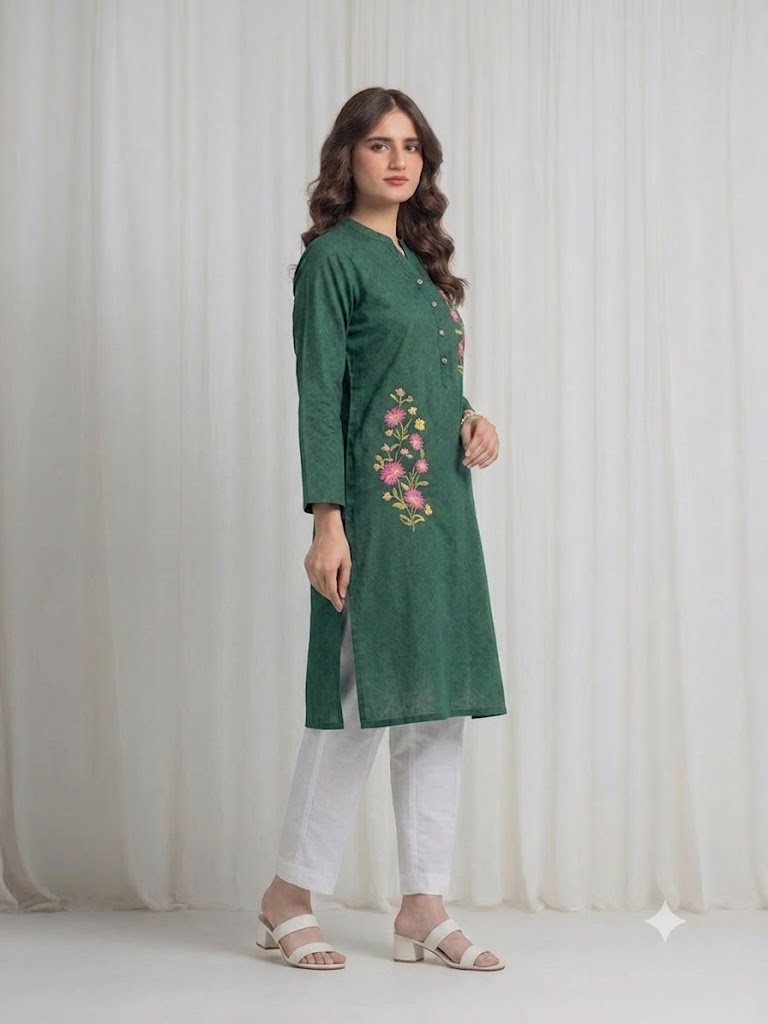 Women's  dark Green  Embroidered Kurti – Premium Cotton