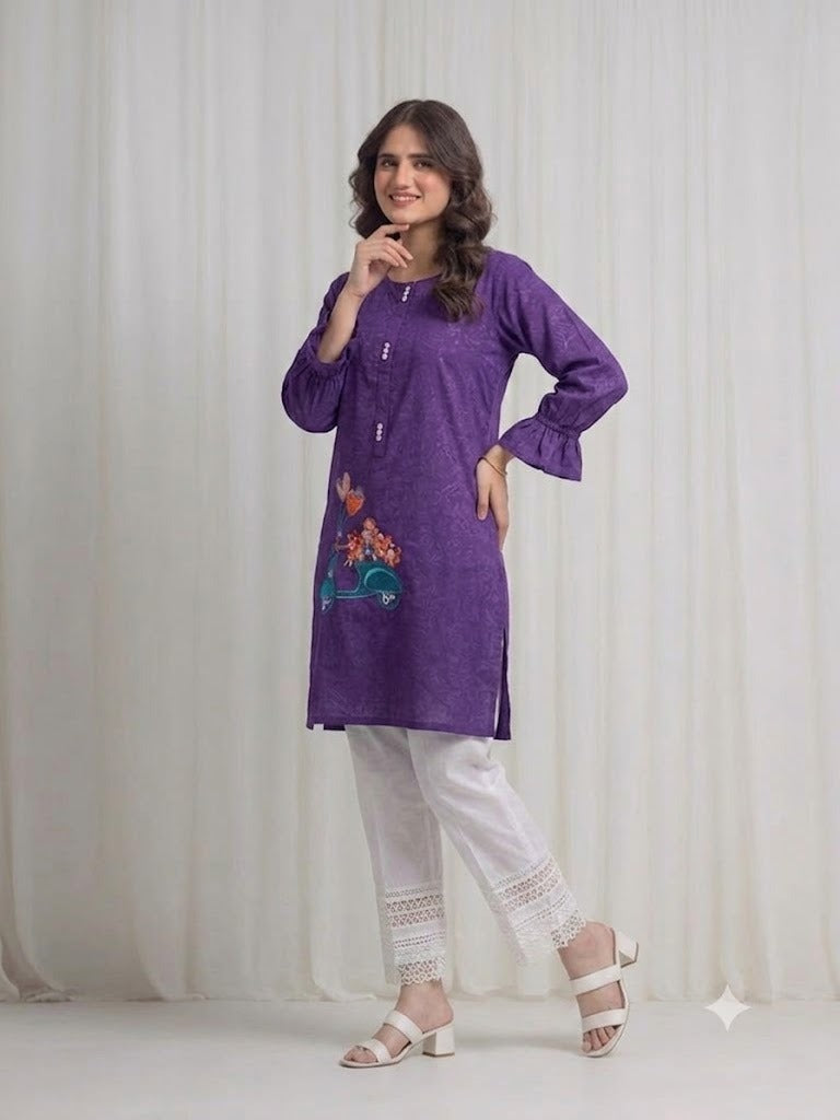 Women's  Deep Purple   Embroidered Kurti – Premium Cotton