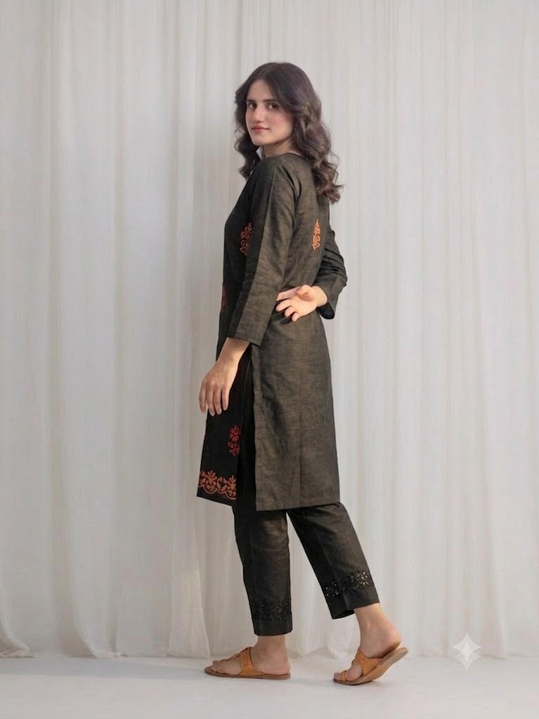 Women's black Embroidered Kurti –  Long Premium Cotton
