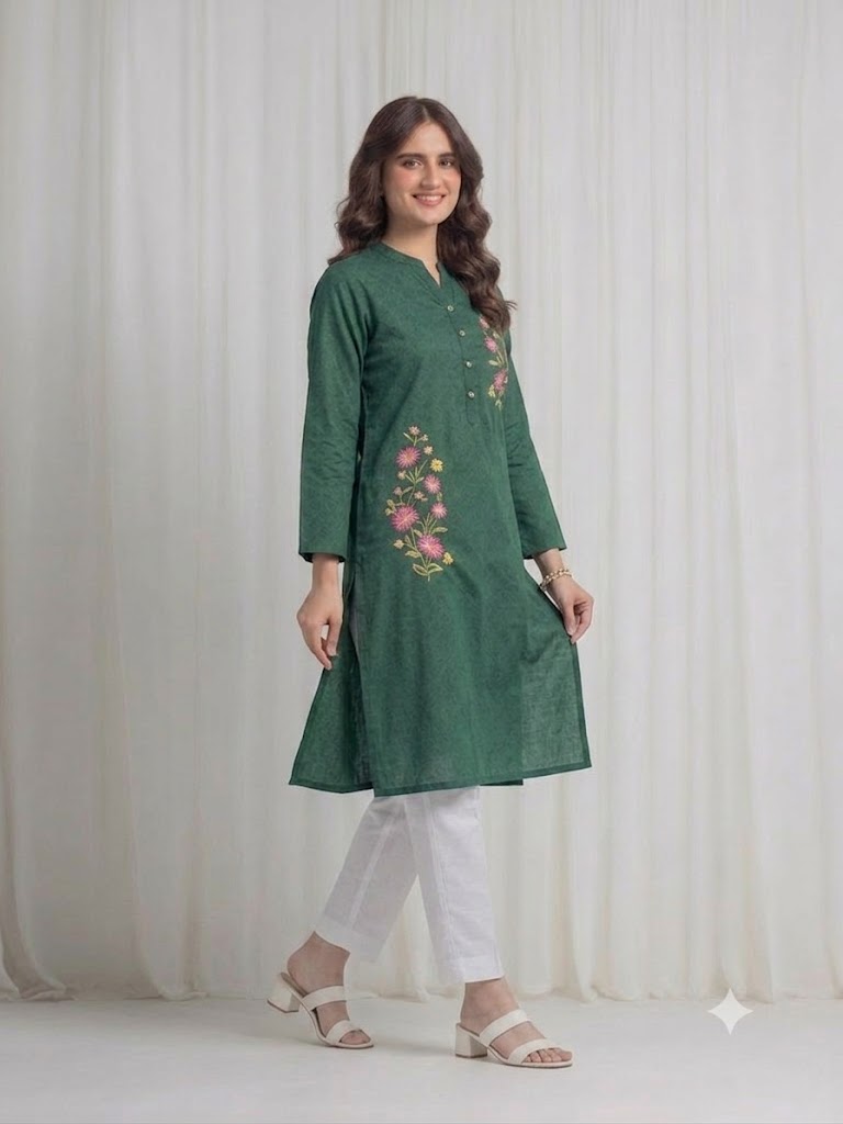 Women's  dark Green  Embroidered Kurti – Premium Cotton