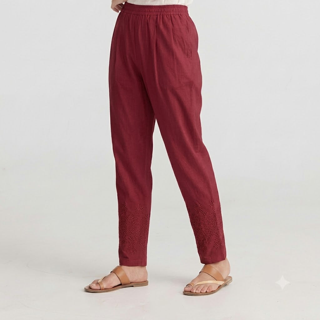 Crimson Red  Tapered Trouser with Embroidered Hem
