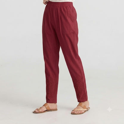 Crimson Red  Tapered Trouser with Embroidered Hem